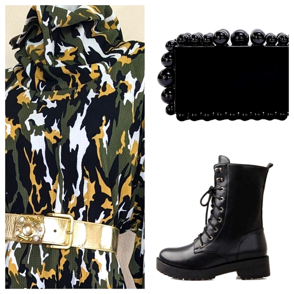 "Ashley Stewart" Camo Drapey Cowl Neck Bodycon Asymmetric Army Fatique Dress - Picture 12 of 15